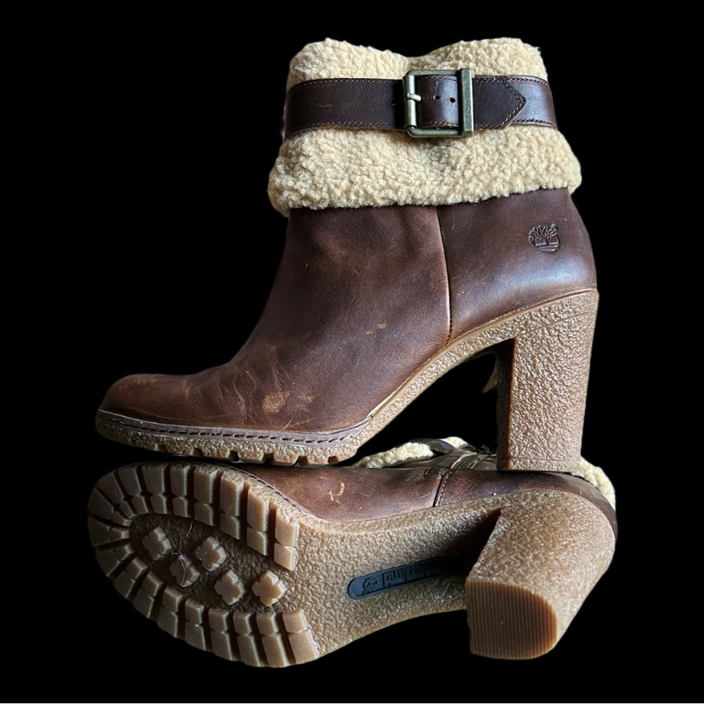 Timberland Glancy Teddy Fleece Cuff Brown Leather Heeled Ankle Boots Women's 9
